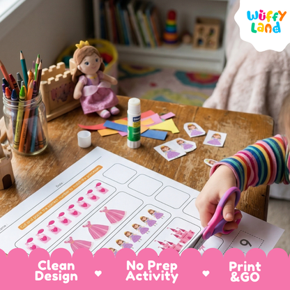 Full color preschool math worksheet counting 1 to 5 with unicorns golden crowns ballgowns gifts and fans