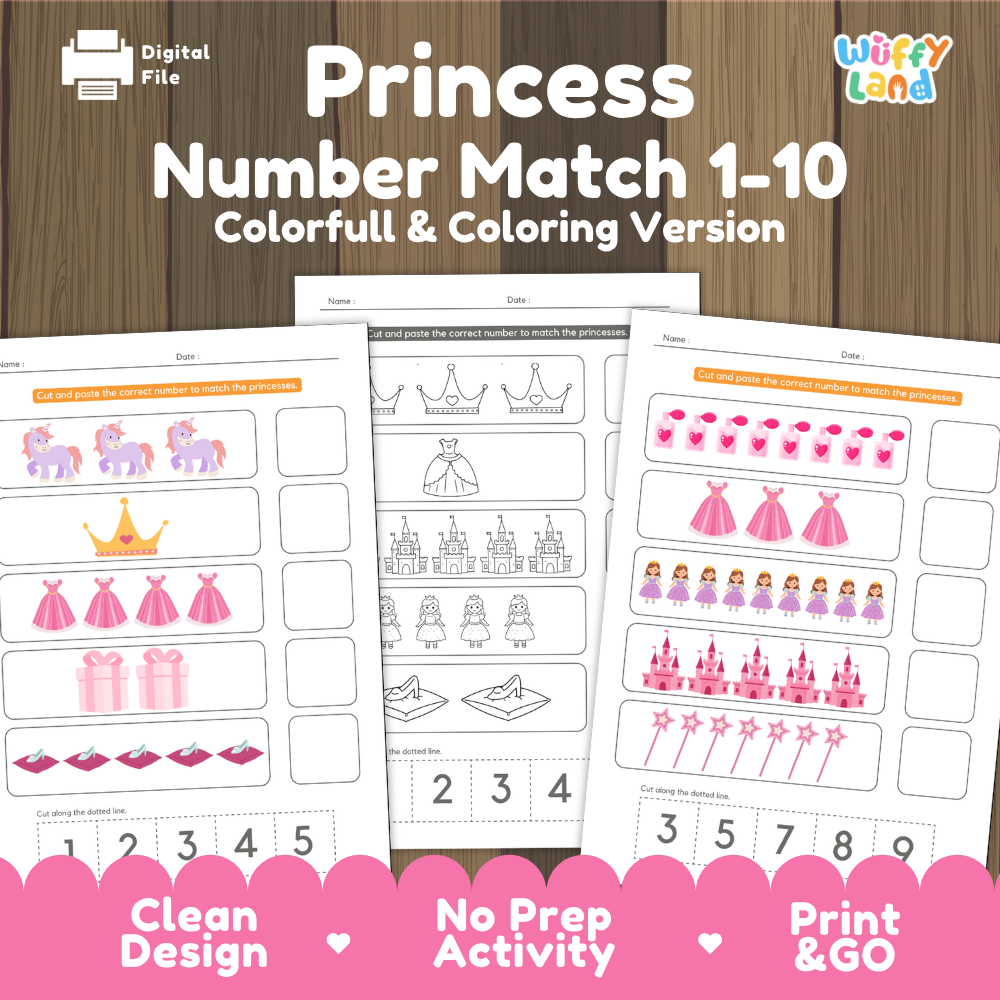 Princess number match 1 to 10 cover showing full color and coloring version cut and paste math worksheets with crowns castles and ballgowns