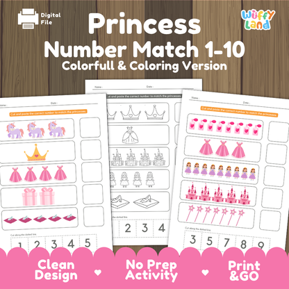 Princess number match 1 to 10 cover showing full color and coloring version cut and paste math worksheets with crowns castles and ballgowns