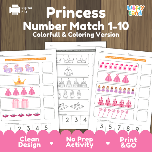 Princess number match 1 to 10 cover showing full color and coloring version cut and paste math worksheets with crowns castles and ballgowns
