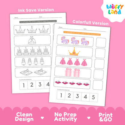Black and white printable princess counting coloring page featuring tiaras gowns castles and glass slippers with cut-and-paste numbers