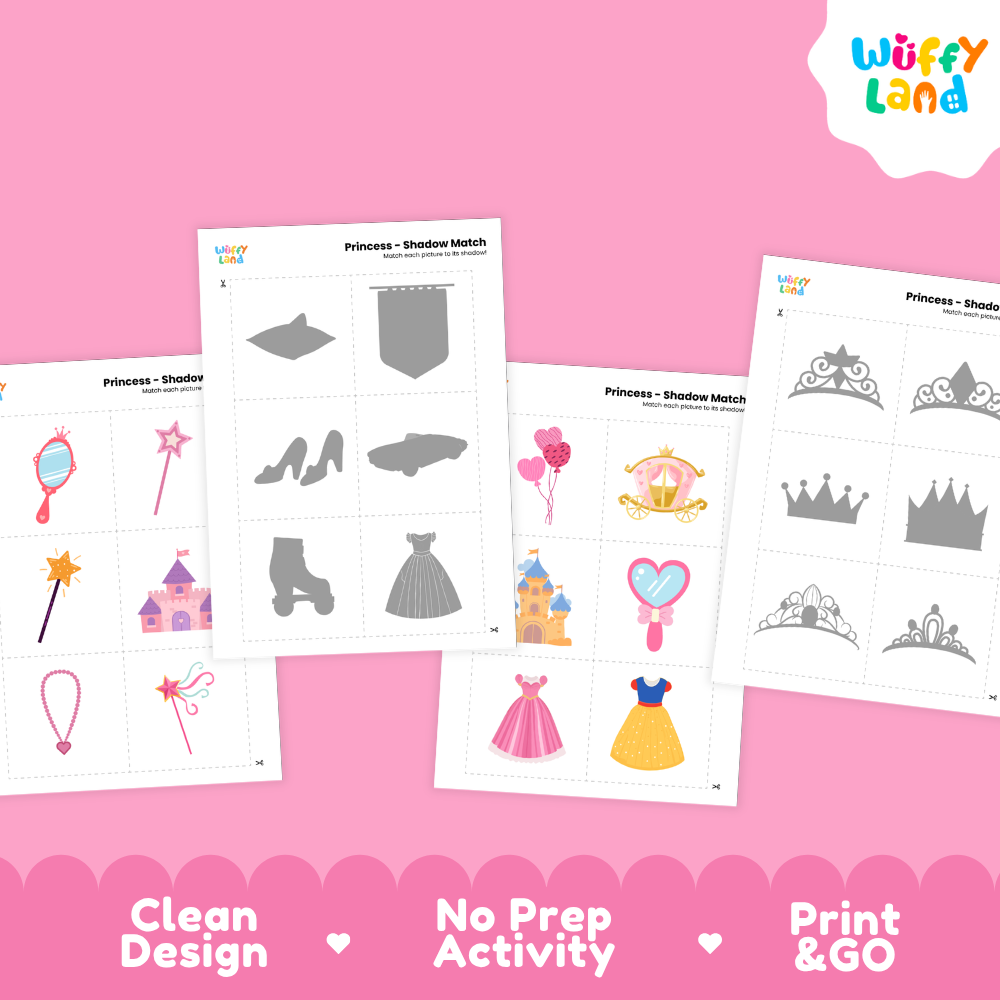 Full color princess object cards featuring golden tiara, carriage, castle, and royal gowns