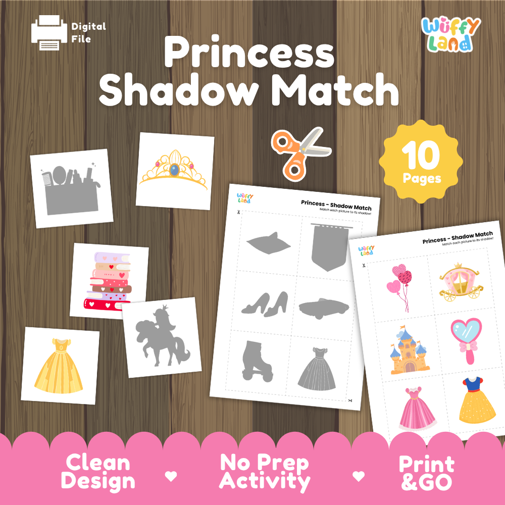 Princess shadow match activity cover showing 10-page printable pack with vanity silhouette, tiara card, and shadow matching worksheets