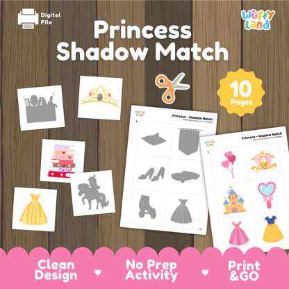 Princess shadow match activity cover showing 10-page printable pack with vanity silhouette, tiara card, and shadow matching worksheets