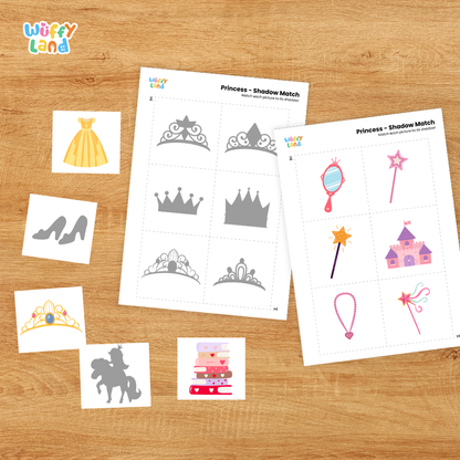 Printable shadow matching grid sheet showing silhouettes of cushions, banners, high heels, and ball gowns