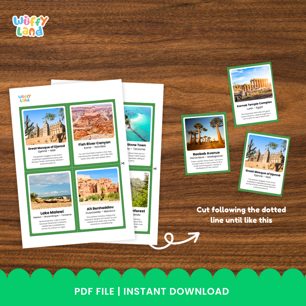 Clean design no prep print and go African landmarks fun fact flashcards cultural geography educational printable PDF pack