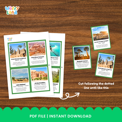 Clean design no prep print and go African landmarks fun fact flashcards cultural geography educational printable PDF pack