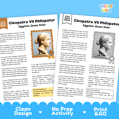 Clean design no prep print and go ancient history biography reading and writing activity layout ready for classroom and homeschool use