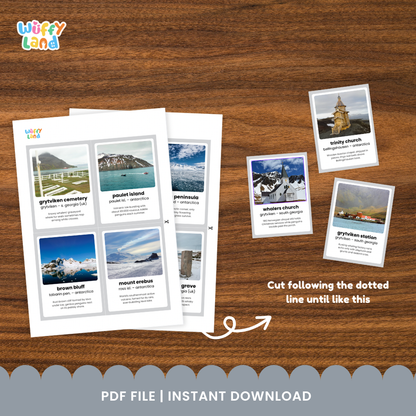 Clean design no prep print and go Antarctica landmarks fun fact flashcards polar geography educational printable PDF pack