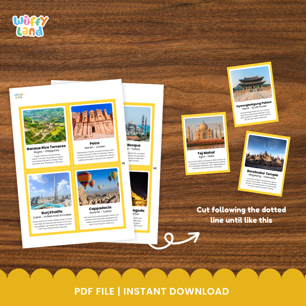Clean design no prep print and go Asia landmarks fun fact flashcards cultural geography educational printable PDF pack