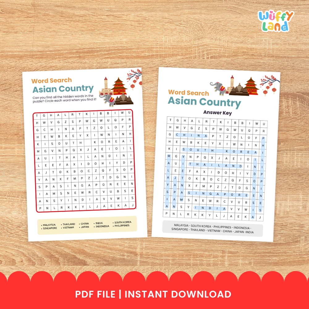 Clean design no prep print and go Asian country word search printable PDF pack