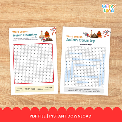 Clean design no prep print and go Asian country word search printable PDF pack