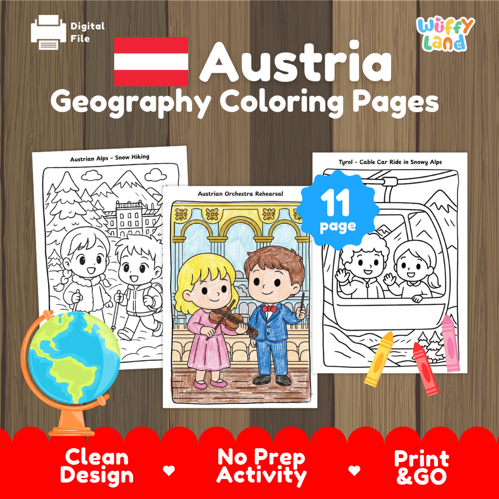 Clean design no prep print and go Austria geography activity pack layout ready for classroom and homeschool use