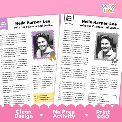 Clean design no prep print and go author biography reading and writing activity layout ready for classroom and homeschool use
