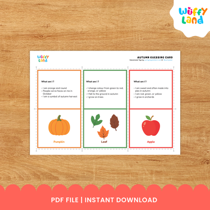 Clean design no prep instant download autumn guessing card fall riddles what am I flashcards printable PDF pack