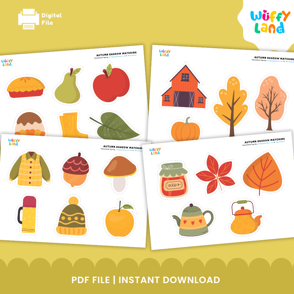 Clean design no prep print and go autumn shadow matching card fall season silhouette matching preschool Montessori printable PDF pack