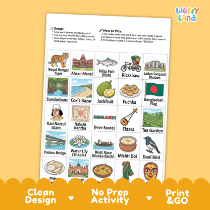 Clean design no prep print and go Bangladesh geography BINGO games printable PDF pack