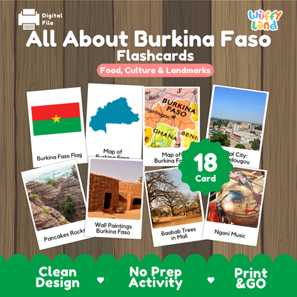 Clean design no prep print and go Burkina Faso geography activity pack layout ready for classroom and homeschool use
