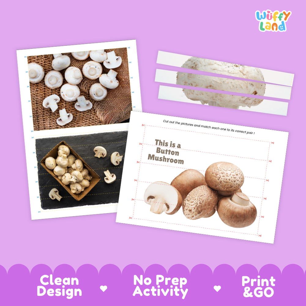 Clean design no prep print and go button mushroom cut and match activity printable PDF pack