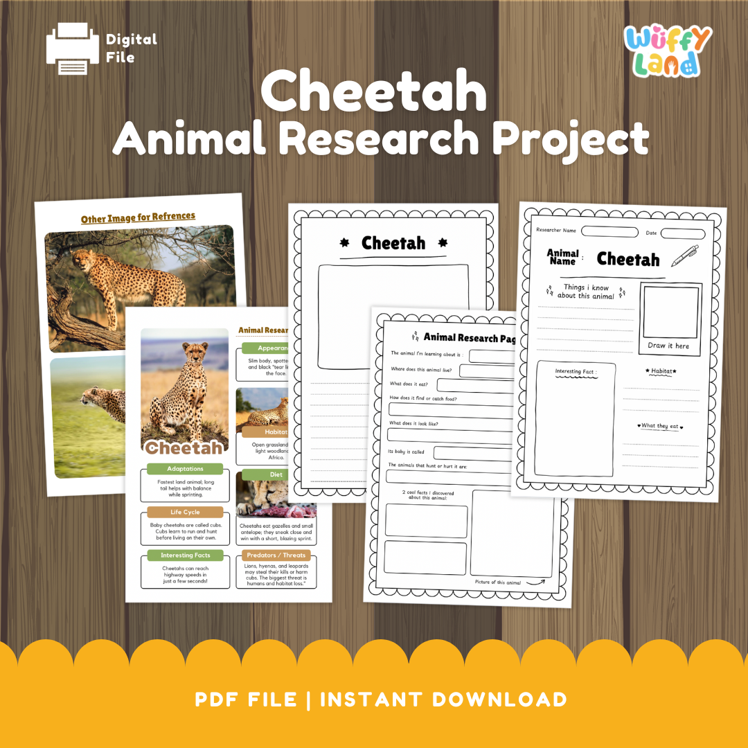 Clean design no prep print and go cheetah big cat mammal savanna animal life cycle study printable PDF pack for elementary science