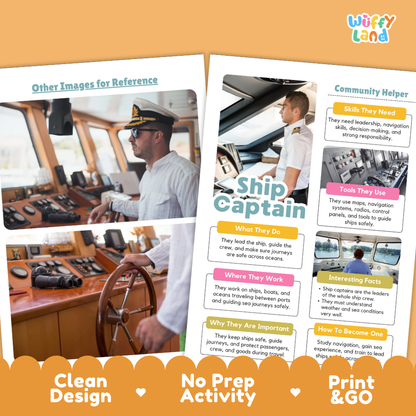 Clean design no prep print and go community helpers ship captain research worksheet layout ready for classroom use