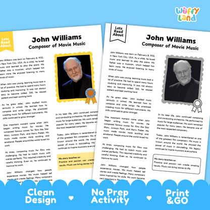 Clean design no prep print and go composer biography reading and writing activity layout ready for classroom and homeschool use