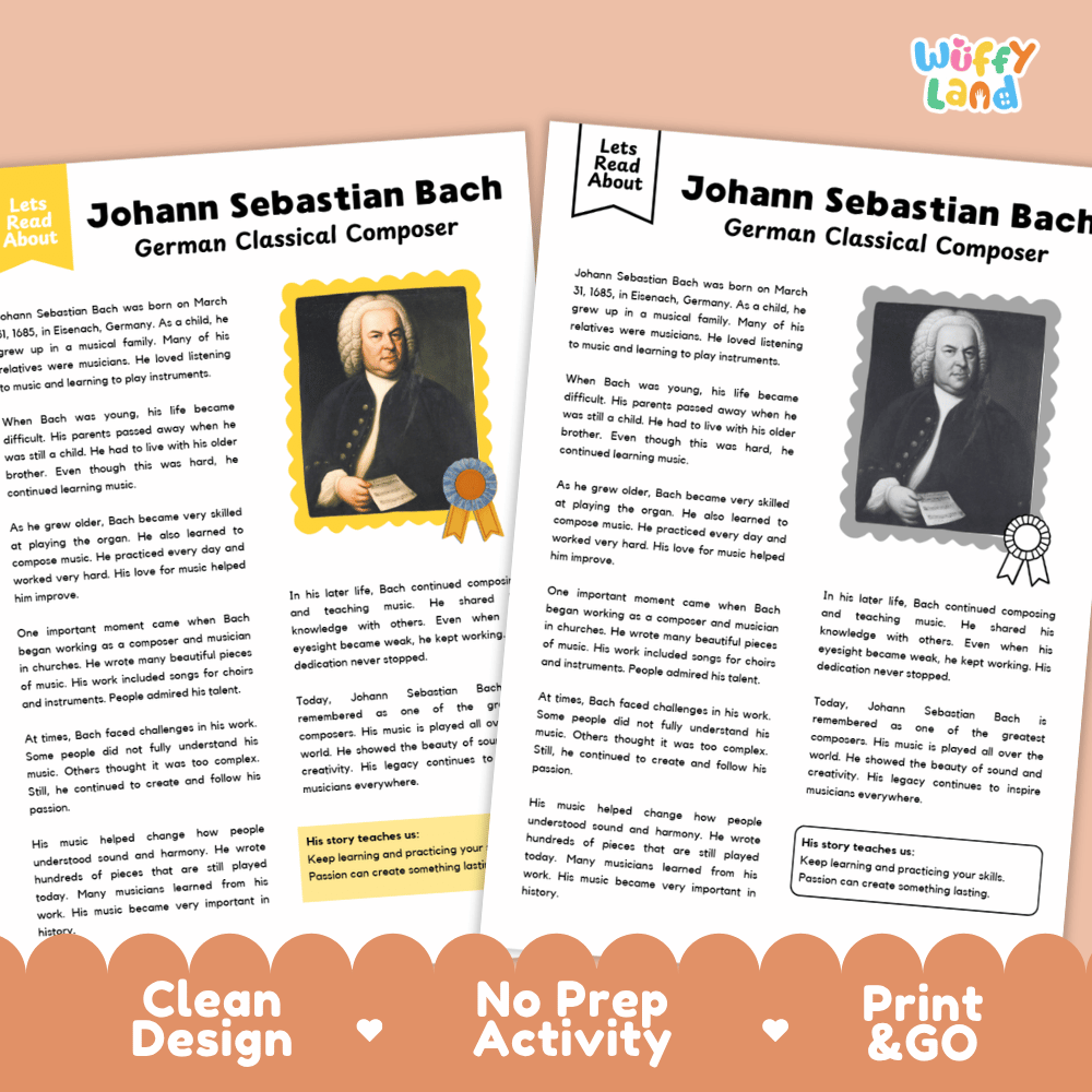 Clean design no prep print and go composer biography reading and writing activity layout ready for classroom and homeschool use