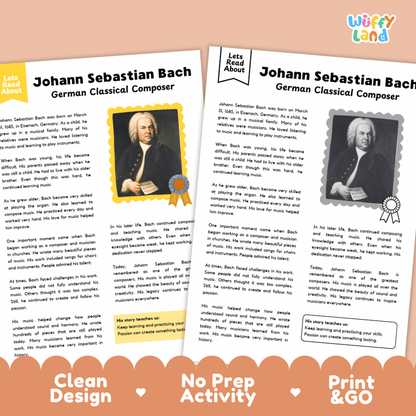 Clean design no prep print and go composer biography reading and writing activity layout ready for classroom and homeschool use