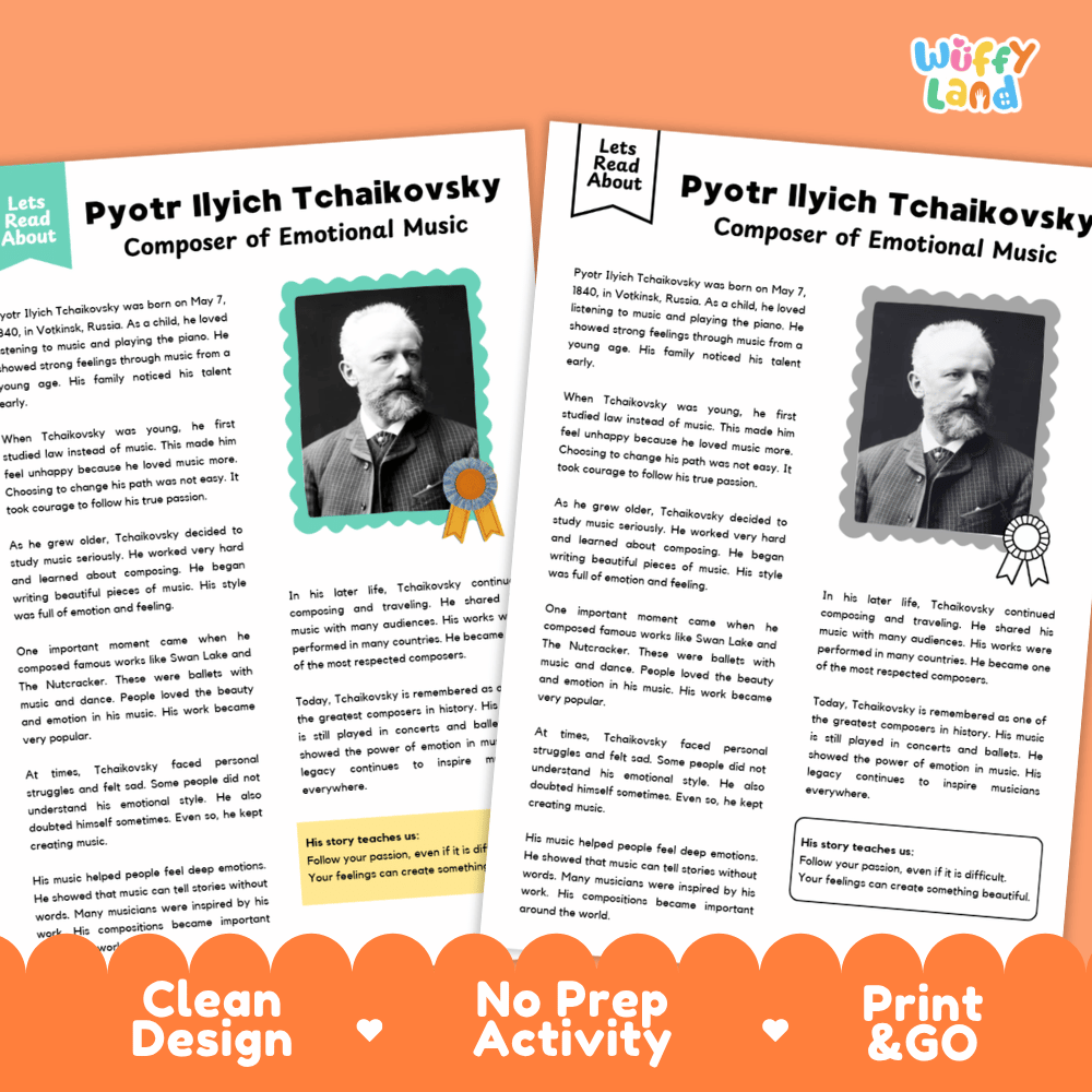 Clean design no prep print and go composer biography reading and writing activity layout ready for classroom and homeschool use
