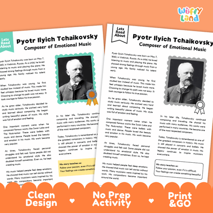 Clean design no prep print and go composer biography reading and writing activity layout ready for classroom and homeschool use
