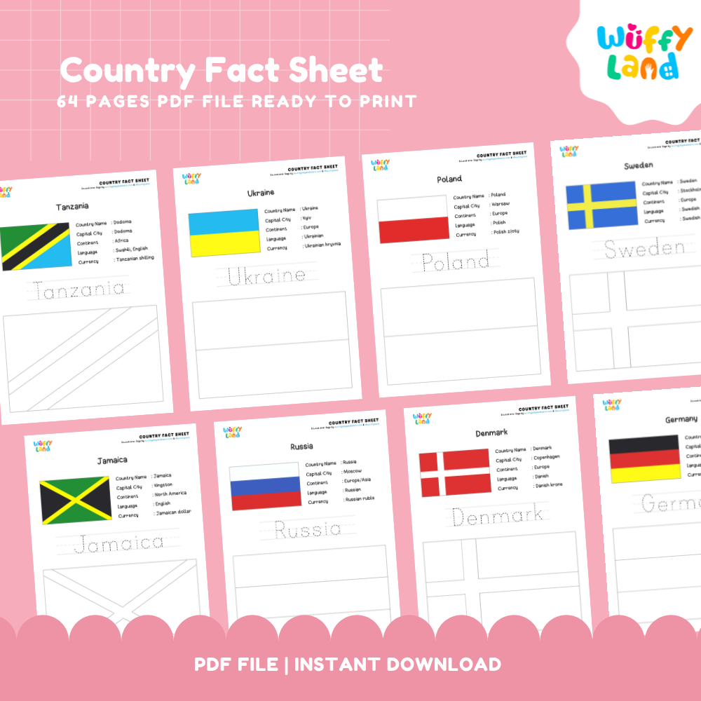 Clean design no prep print and go country fact sheet printable PDF pack