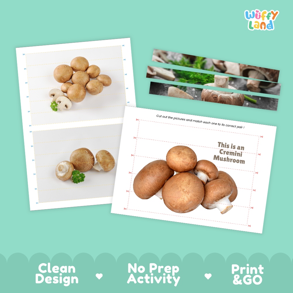 Clean design no prep print and go cremini mushroom cut and match activity printable PDF pack