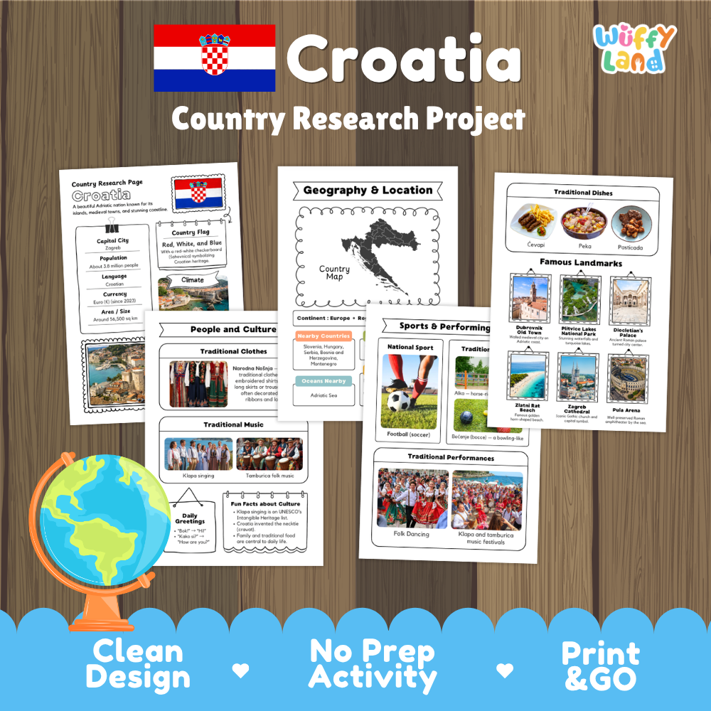 Clean design no prep print and go Croatia geography activity pack layout ready for classroom and homeschool use