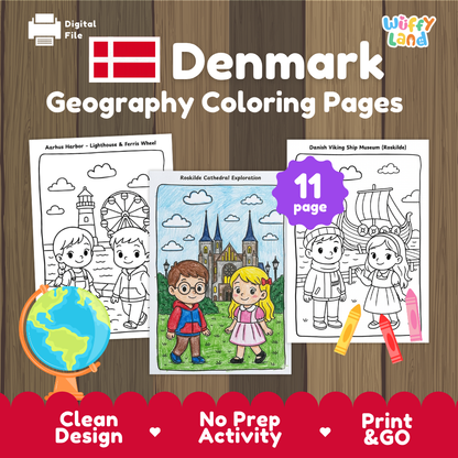 Clean design no prep print and go Denmark geography activity pack layout ready for classroom and homeschool use