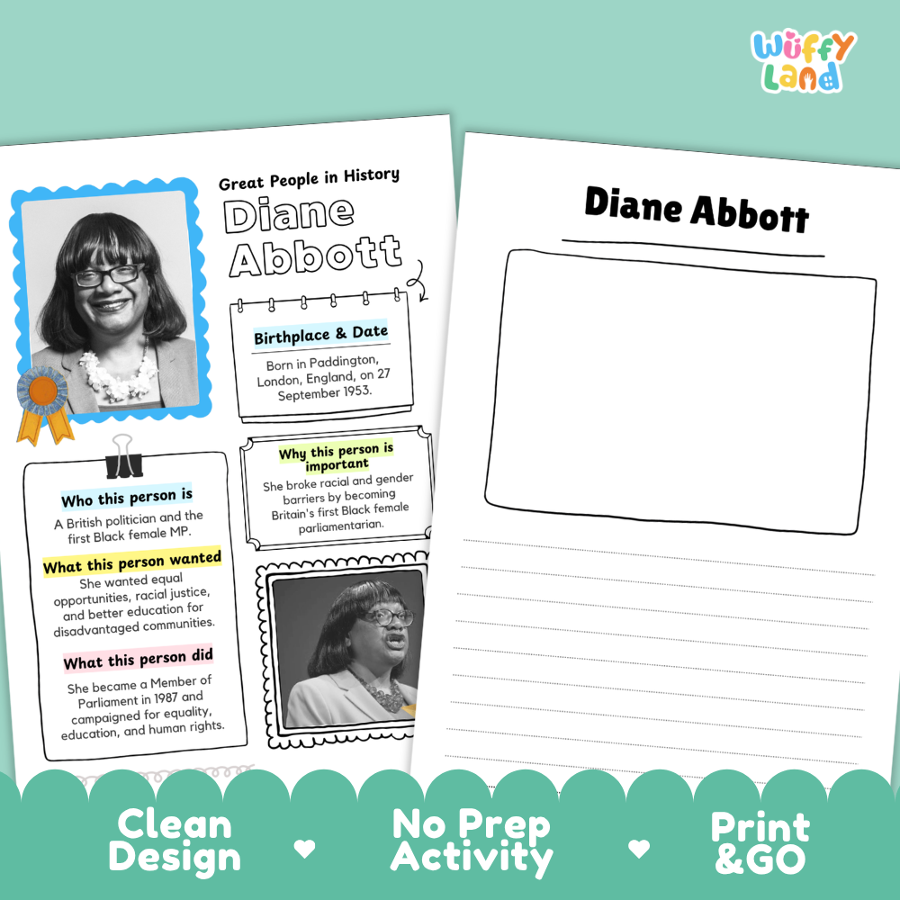 Clean design no prep print and go Diane Abbott famous people research page printable PDF pack