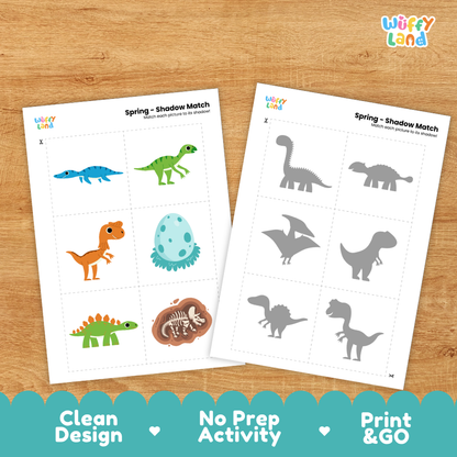 Clean design no prep print and go dinosaur shadow match activity cut and paste worksheets preschool printable PDF pack