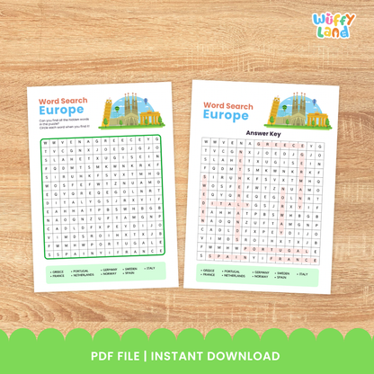 Clean design no prep print and go Europe country word search printable PDF pack