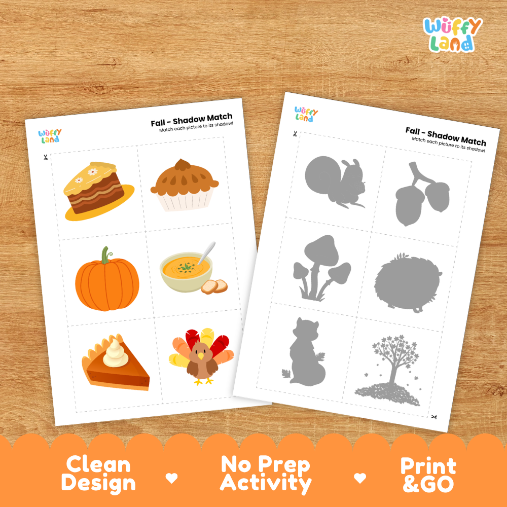Clean design no prep print and go fall shadow match activity cut and paste worksheets preschool printable PDF pack