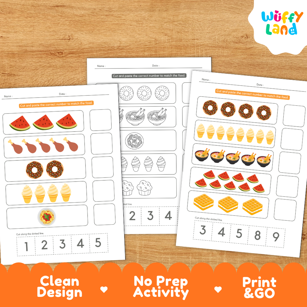 Clean design no prep print and go food number match 1 to 10 counting cut and paste worksheets math coloring pages printable PDF pack