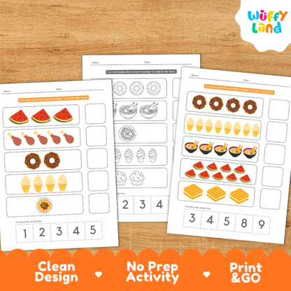 Clean design no prep print and go food number match 1 to 10 counting cut and paste worksheets math coloring pages printable PDF pack
