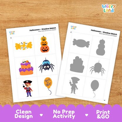 Clean design no prep print and go Halloween shadow match activity cut and paste worksheets preschool printable PDF pack