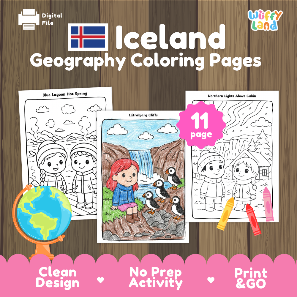 Clean design no prep print and go Iceland geography activity pack layout ready for classroom and homeschool use