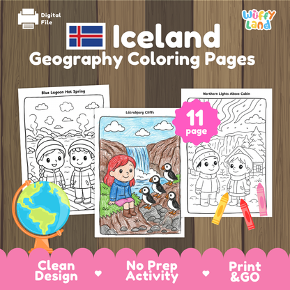 Clean design no prep print and go Iceland geography activity pack layout ready for classroom and homeschool use