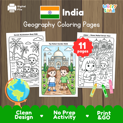 Clean design no prep print and go India geography activity pack layout ready for classroom and homeschool use