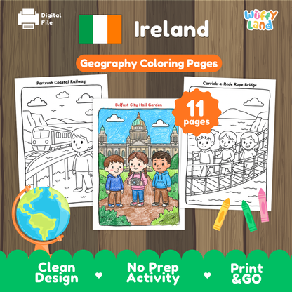 Clean design no prep print and go Ireland geography activity pack layout ready for classroom and homeschool use
