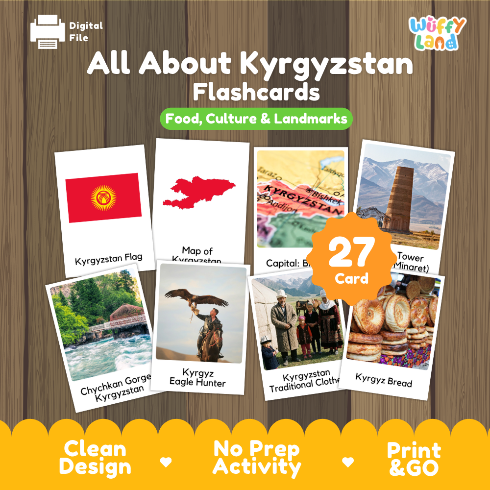 Clean design no prep print and go Kyrgyzstan geography activity pack layout ready for classroom and homeschool use