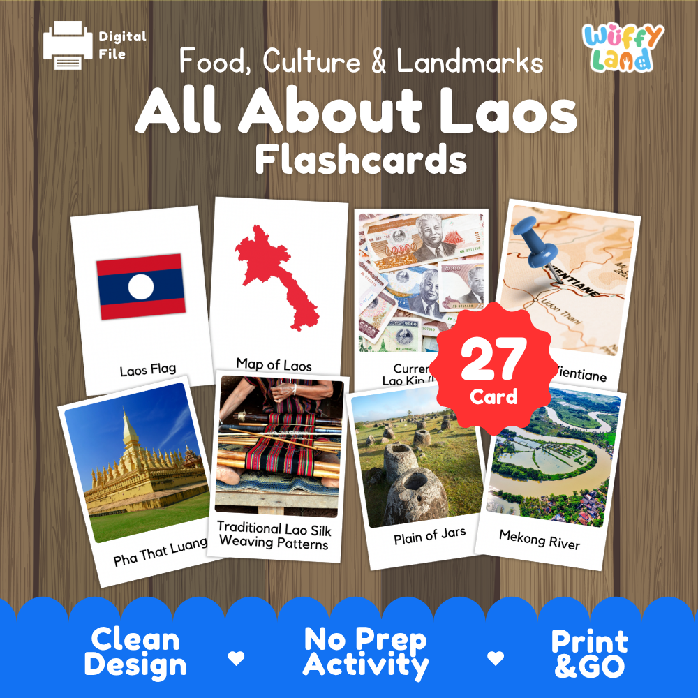 Clean design no prep print and go Laos geography activity pack layout ready for classroom and homeschool use