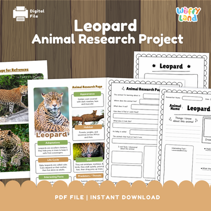 Clean design no prep print and go leopard big cat mammal animal life cycle study printable PDF pack for elementary science