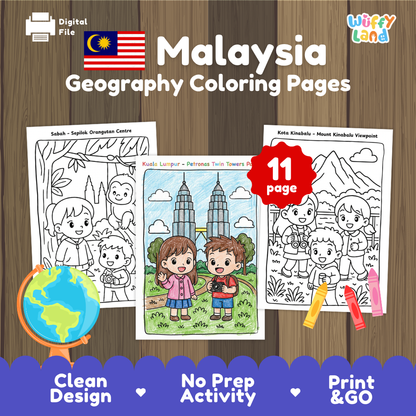 Clean design no prep print and go Malaysia geography activity pack layout ready for classroom and homeschool use