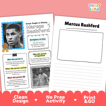 Clean design no prep print and go Marcus Rashford famous people research page printable PDF pack